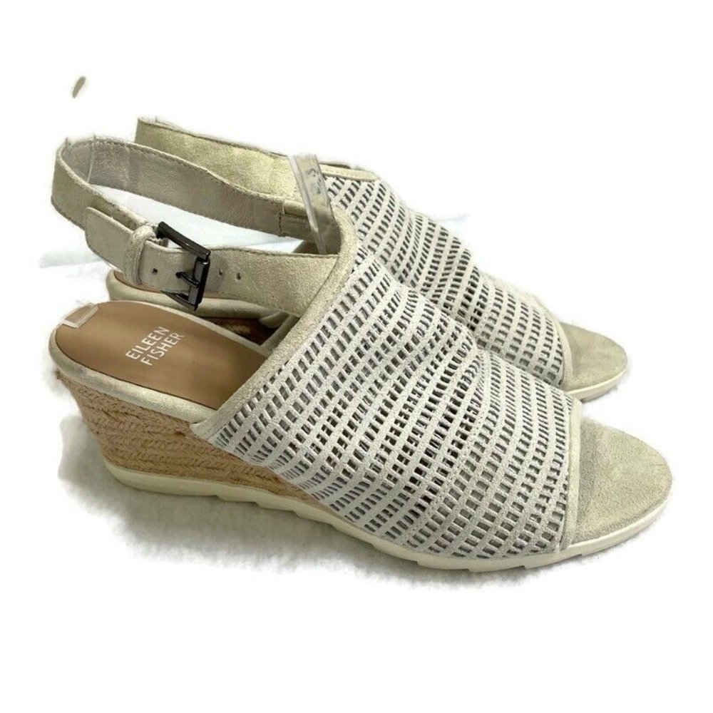 Eileen Fisher Ivory Peep Toe Leather Eyelet Wedge Espadrille Sandals Size 8.5 M